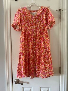 orange creek Pink & Yellow Floral Midi Dress with Buttons